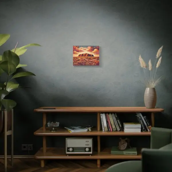 16x12 canvas of Uluru dot art displayed above bookshelf