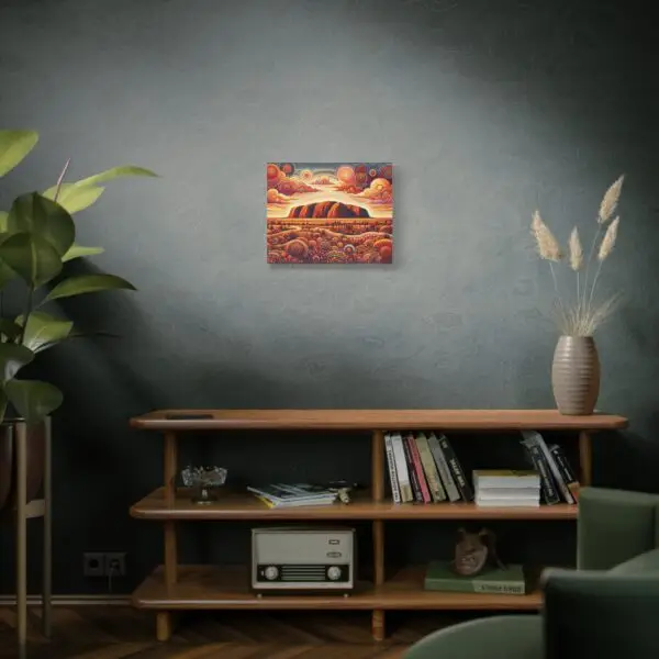 20x16 canvas of Uluru dot art displayed in a living room setting