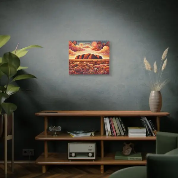 24x20 canvas of Uluru dot art above a living room bookshelf