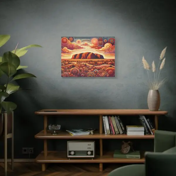 32x24 canvas of Uluru dot art above a bookshelf in a modern living room