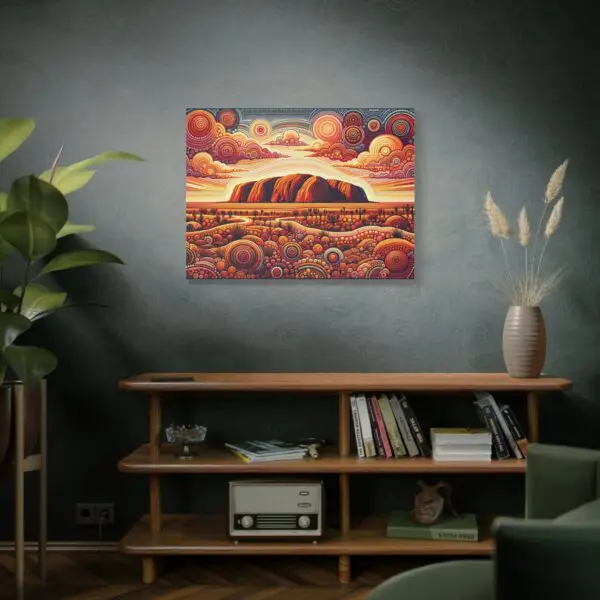 40x30 canvas of Uluru dot art in a large living room space