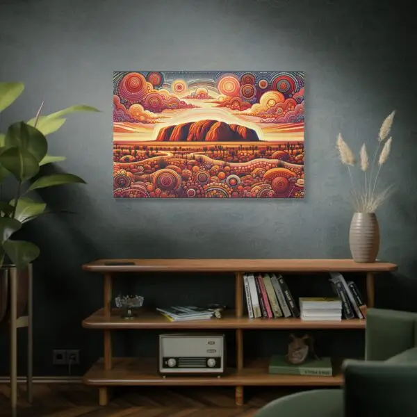 48x32 canvas of Uluru dot art above bookshelf in the library room